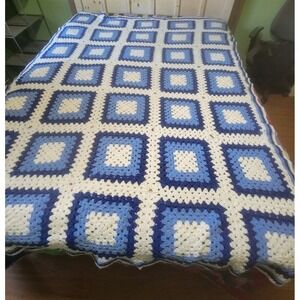 Vintage Crochet Granny Square Afghan Blanket 58"x 78" Blue And White